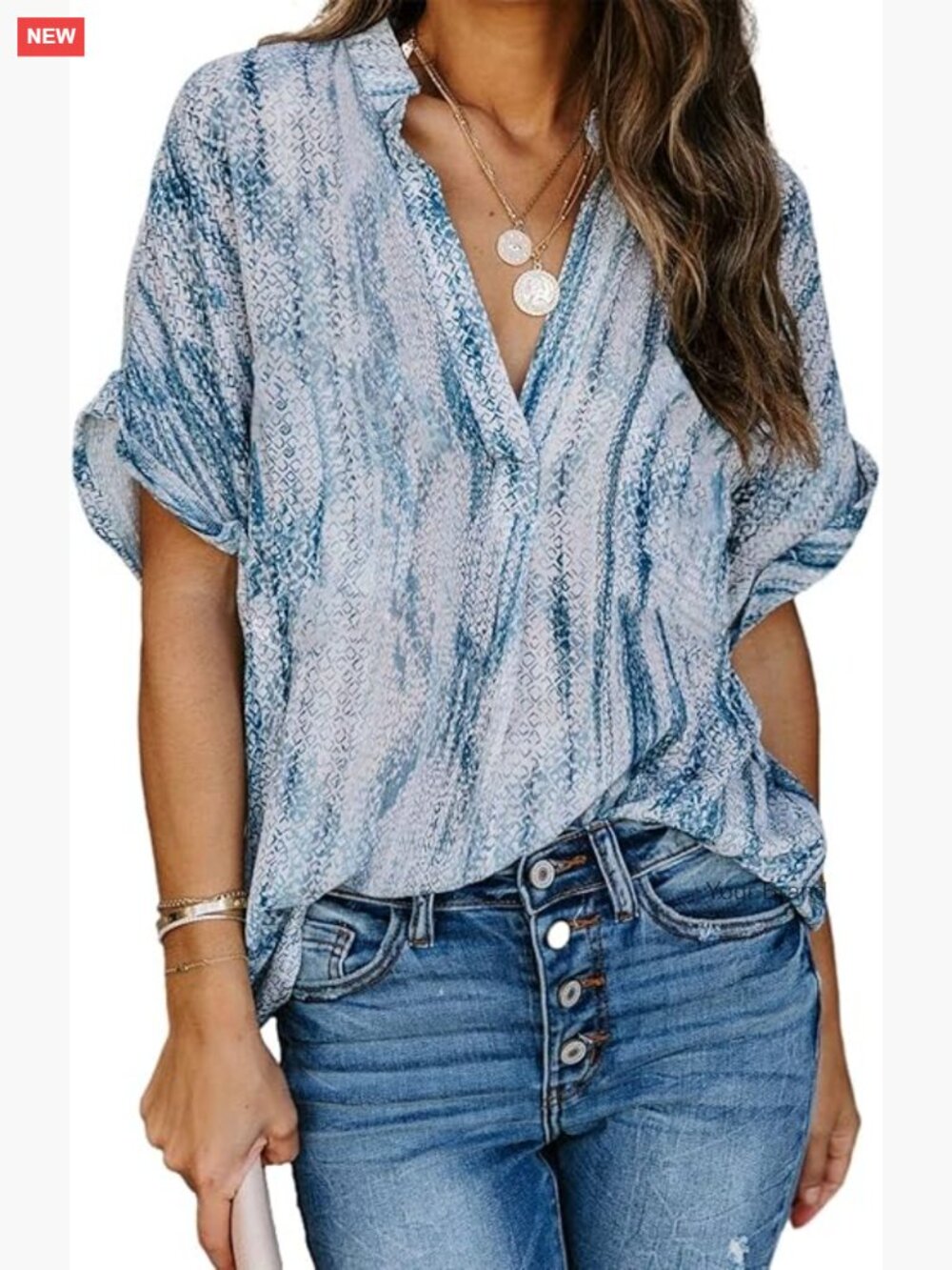 Casual Summer Chiffon Blouse Short Sleeve V Neck Loose Printed Cuffed Sleeve